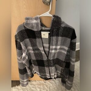 Fuzzy hooded zip up jacket. Size M